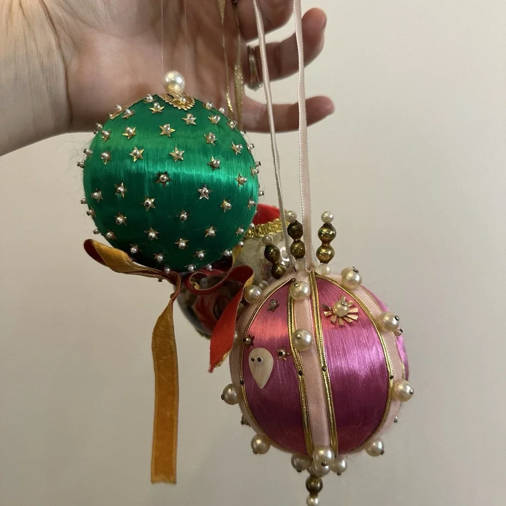 Set Of 3 Christmas Ornaments Push Pin Satin Beaded‎ Angel Pink Green 4